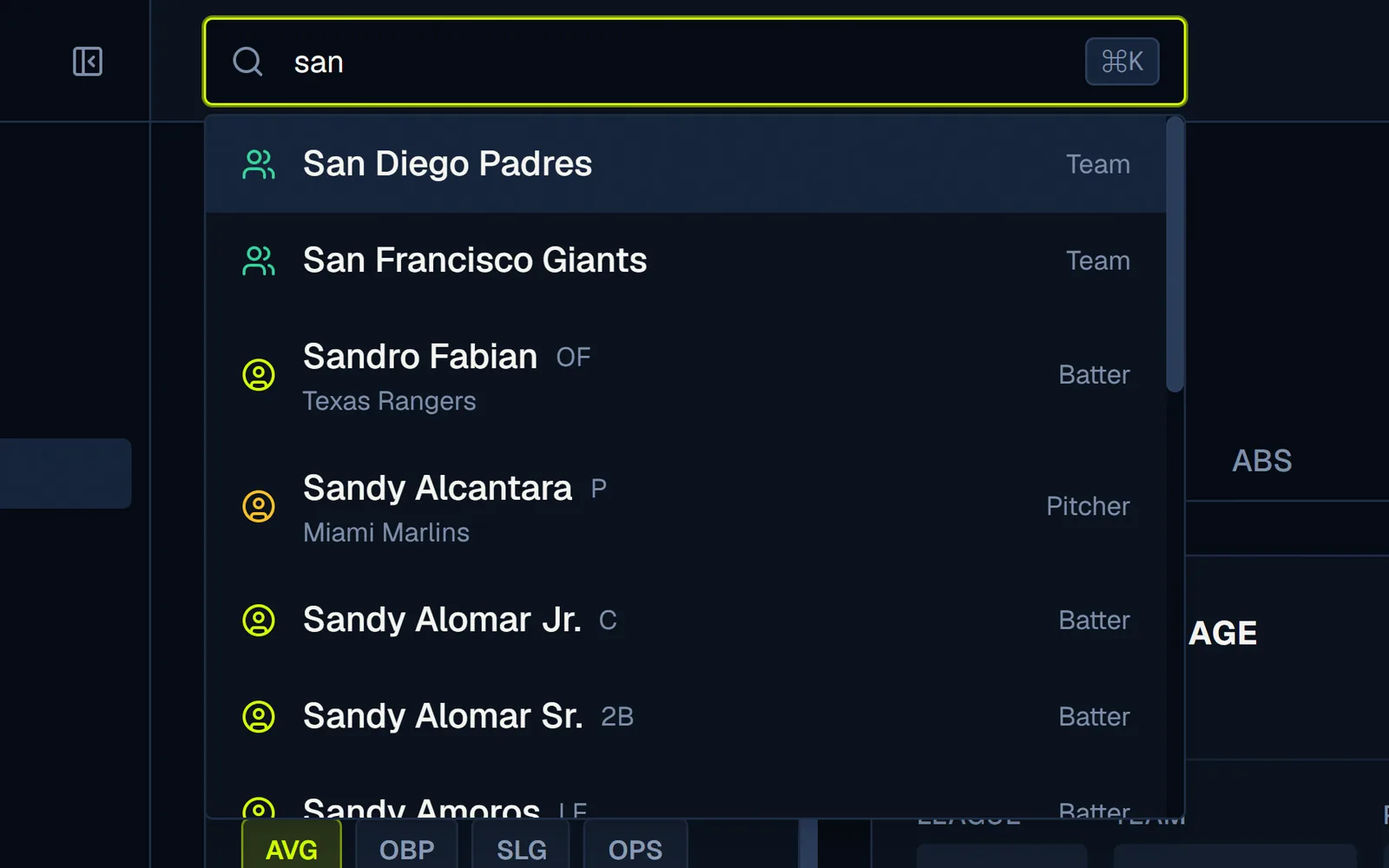 The site search dialog open with the query san, listing San Diego Padres and San Francisco Giants labeled Team, then results labeled Batter and Pitcher.